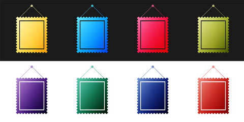 Set Rectangular picture frame hanging on the wall icon isolated on black and white background. Vector.