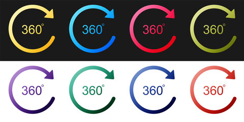 Set Angle 360 degrees icon isolated on black and white background. Rotation of 360 degrees. Geometry math symbol. Full rotation. Vector.