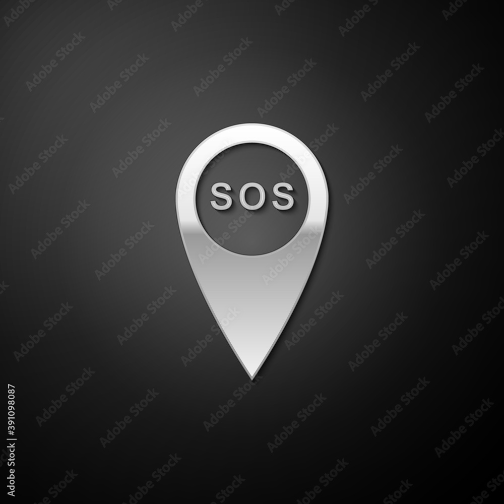 Poster silver marker location with sos icon isolated on black background. sos call location marker. map poi