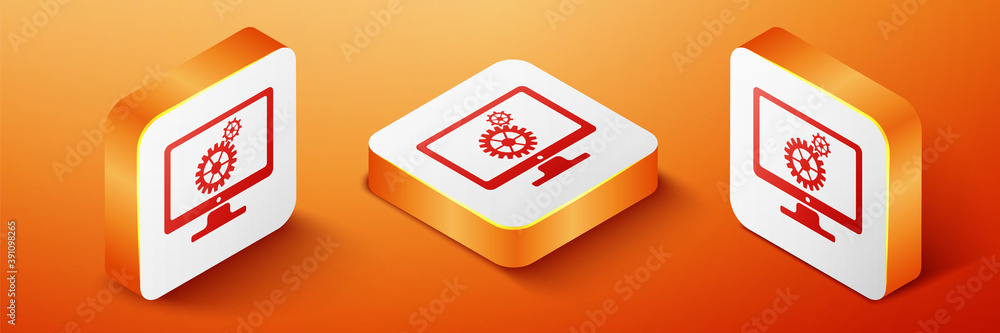 Aufkleber isometric computer monitor and gears icon isolated on orange background. adjusting app, service, set