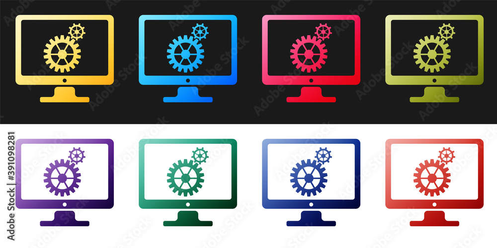 Poster set computer monitor and gears icon isolated on black and white background. adjusting app, service, 