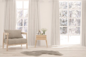 White room with armchair and winter landscape in window. Scandinavian interior design. 3D illustration