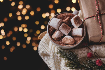 Christmas hot chocolate with added marshmallows and cinnamon, lights bokeh, a sprig of Holly ,pine...