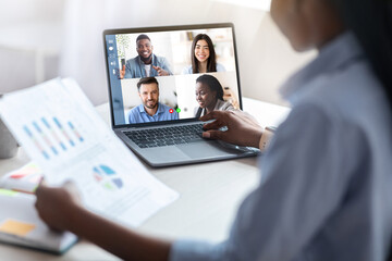 Business Meeting Online. Unrecognizable Black Businesswoman Having Web Conference With Co-Workers