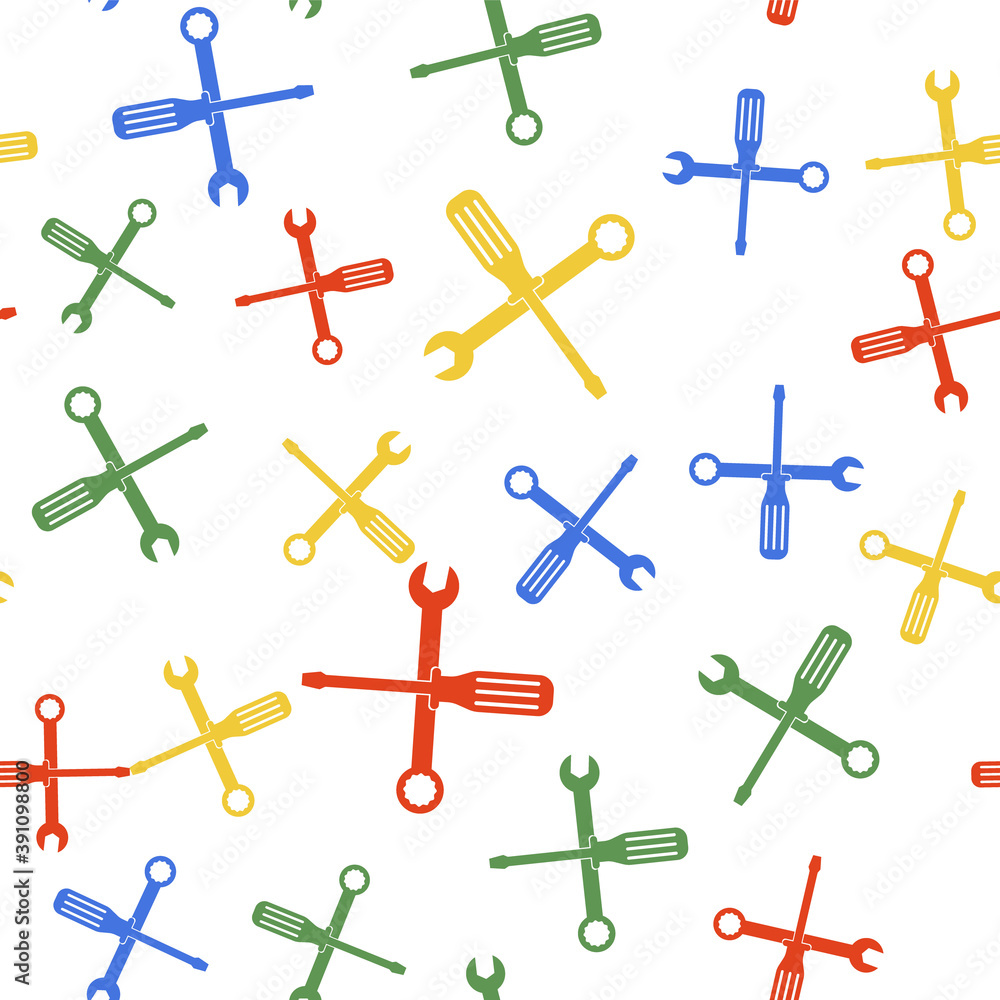 Poster color spanner and screwdriver tools icon isolated seamless pattern on white background. service tool