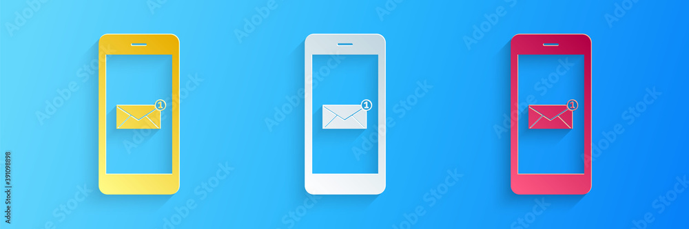 Poster paper cut received message concept. new email notification on the smartphone screen icon isolated on