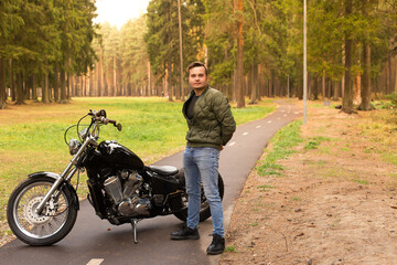 Happy handsome man, road, motorcycle