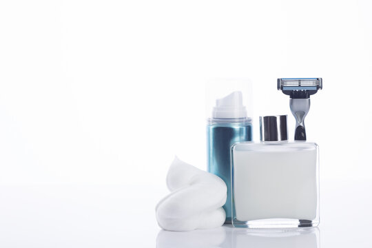 Set of shaving tools for men, with copy space on White background.
