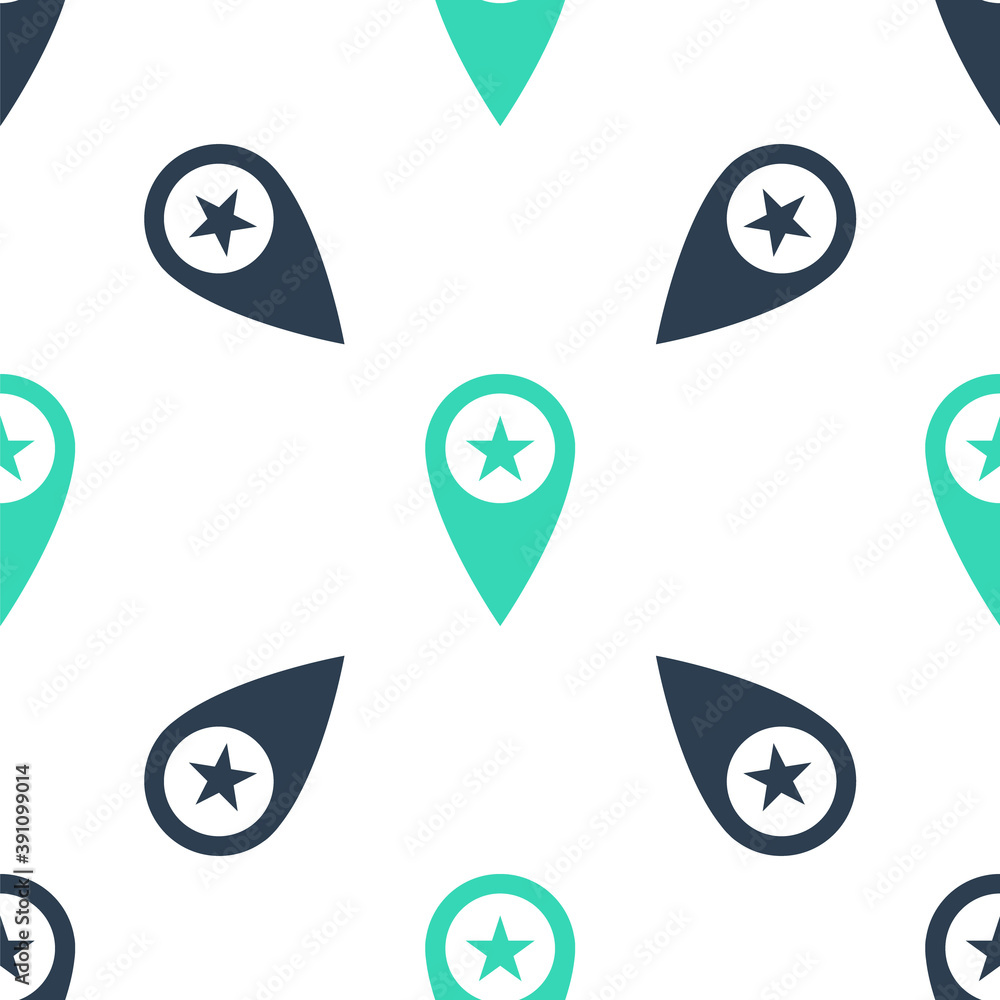 Poster green map pointer with star icon isolated seamless pattern on white background. star favorite pin ma