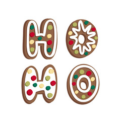 Christmas vector gingerbread letters HO HO and stars snowflakes on a white background Hand drawn in cartoon style. The traditional colors for the holiday are red, green and yellow. Delicious cookies.