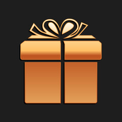 Gold Gift box icon isolated on black background. Long shadow style. Vector.