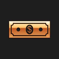 Gold Paper money american dollars cash icon isolated on black background. Dollar banknote sign. Long shadow style. Vector.