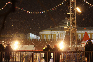 Snow falling down on the Red Square in Moscow