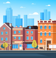 Buildings facade street towns concept. Vector flat cartoon graphic design illustration