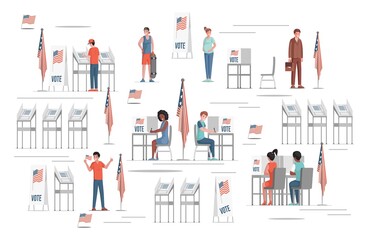 Happy smiling people voting on elections in the USA vector flat illustration. Voting stands, United States of America flags. People choosing candidates on paper ballots. Democracy elections concept.