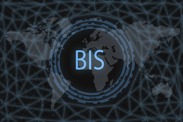 Bank for International Settlements BIS inscription on a dark background and a world map.