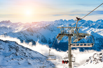 Ski resort in winter Alps. Val Thorens, 3 Valleys, France. Beautiful mountains and the blue sky,...