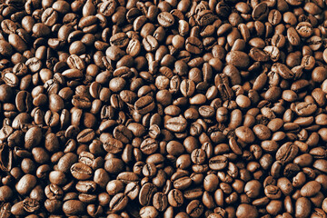 Roasted Coffee Bean Background Pattern. Aroma Caffeine Seed Above View. Cafe Wall Design Image. Coffee Grain Roast Closeup. Fresh Morning Espresso Concept Texture. Top View.