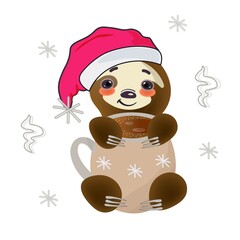 Happy sloth smiles cutely and holds in its paws a large, light mug with coffee.
Vector isolated concept illustration for postcards, web, flyers.