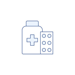Medicine, drugs, pharmacy hospital line icons set. Bottle pills, antibiotic blister vitamin throat lozenge cough sweet. Medication, pharmaceuticals. Outline flat medical therapy vector illustration.
