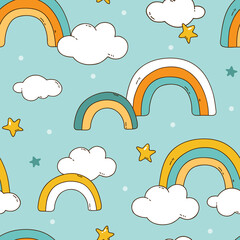 vector seamless background patterns in Scandinavian style,cartoon cute rainbows  and clouds for fabric design, wrapping paper, notebooks covers