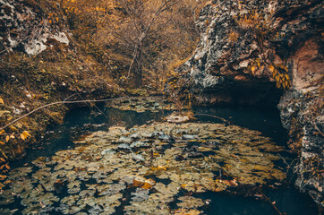 Beautiful mountain landscape, gorge, stones, rocks and lake. Close-up