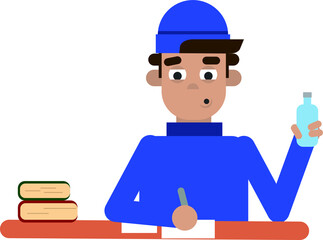 stressed young man writing and sitting in front of table with books