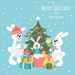 Vector image of funny hares giving gifts. Merry Christmas and Happy New Year. Eliminations design for cards, flyers, banners.