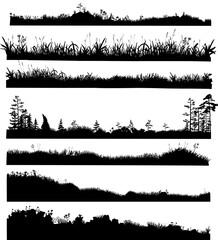 Realistic black and white vector bundle of silhouettes of the ground with grass, flowers, spikelets, trees on it. Hand drawn isolated illustrations for work, design, banners, landscapes. © vellot