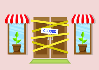 The door to the store and the windows in flowers in pots are sealed with yellow tape and it is written closed
