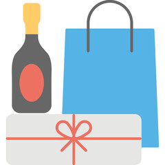 


A gift box, drink bottle and a shopping bag showing flat icon of celebration products shopping
