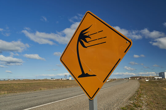 yellow and black road sign showing a palm tree leaning over in strong winds, warning of storm, can be found on tierra del fuego, Patagonia, south America - Powered by Adobe