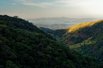 Landscape from Monte Verde in Costa Rica, mountains and green forests, rainforest and bue sky with the clouds