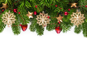 Christmas border with fir branches and  baubles  isolated  on  white background . Flat lay.