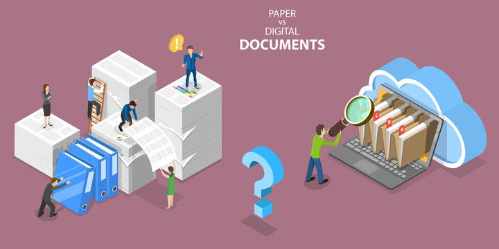 3D Isometric Flat Vector Conceptual Illustration of Paper VS Digital Documents, Pros and Cons.