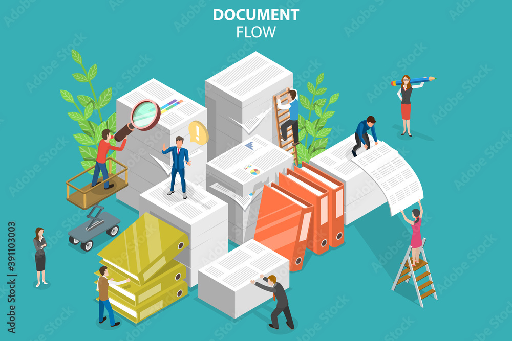 Poster 3d isometric flat vector conceptual illustration of document flow, working with paper documents at o