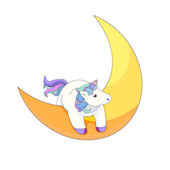 Vector cute Unicorn on the Crescent Moon, Isolated Unicorn in Cartoon style, Unicorn and the Moon on white isolated background, concept of Magical horses and Fairytales, Greek culture and Mythology.
