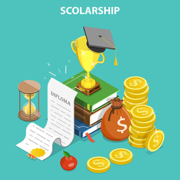 3D Isometric Flat Vector Conceptual Illustration of Scholarship and Investment in Education.
