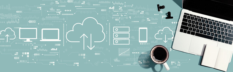 Cloud computing with a laptop computer on a desk