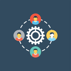 
Flat design icon of business group with gear and connection, concept of teamwork, support, collaborative unity 
