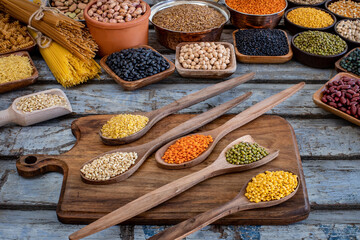 Large variety of dry beans and legumes with top view