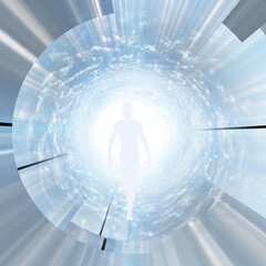 Tunnel of Light with figure. Soul. 3D rendering
