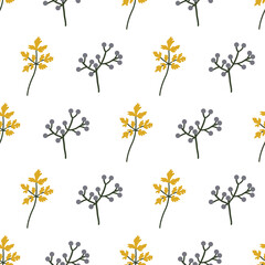 Berries and leaves seamless pattern. Hand-drawn plants on a white background, vector illustration.