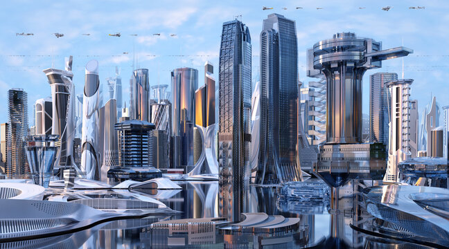 Future city 3D scene. Futuristic cityscape creative concept illustration with fantastic skyscrapers, towers, tall buildings, flying vehicles. Sci fi metropolis town panorama at sunny day background