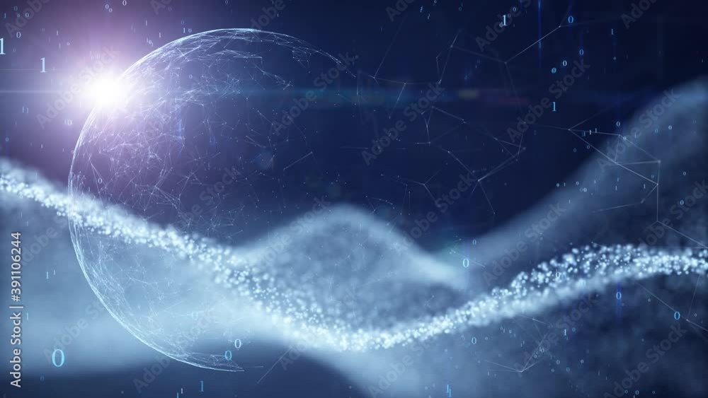 Poster futuristic digital network globe with lines, dots, binary numbers and sun lens flare motion, view fr