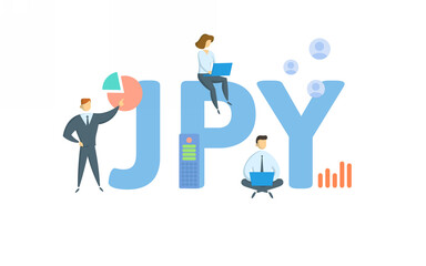 JPY, Japanese Yen. Concept with keyword, people and icons. Flat vector illustration. Isolated on white background.