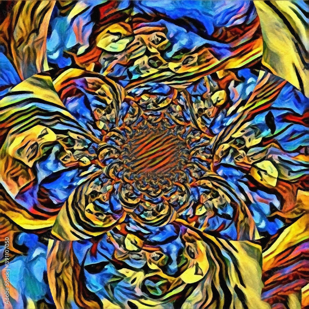 Poster abstract painting. mirrored round fractal in multi colors with question signs. 3d rendering