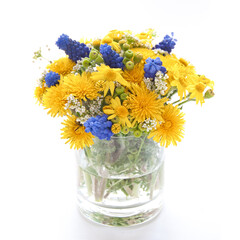 Spring Flowers bouquet with dandelion and muscari on easter day
