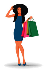 young fashionable girl in a hat with shopping bags on a white background