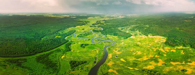 Aerial View Of Summer Curved River Landscape In Sunny Summer Day. Top View Of Beautiful European Nature From High Attitude In Summer Season. Drone View. Bird's Eye View.